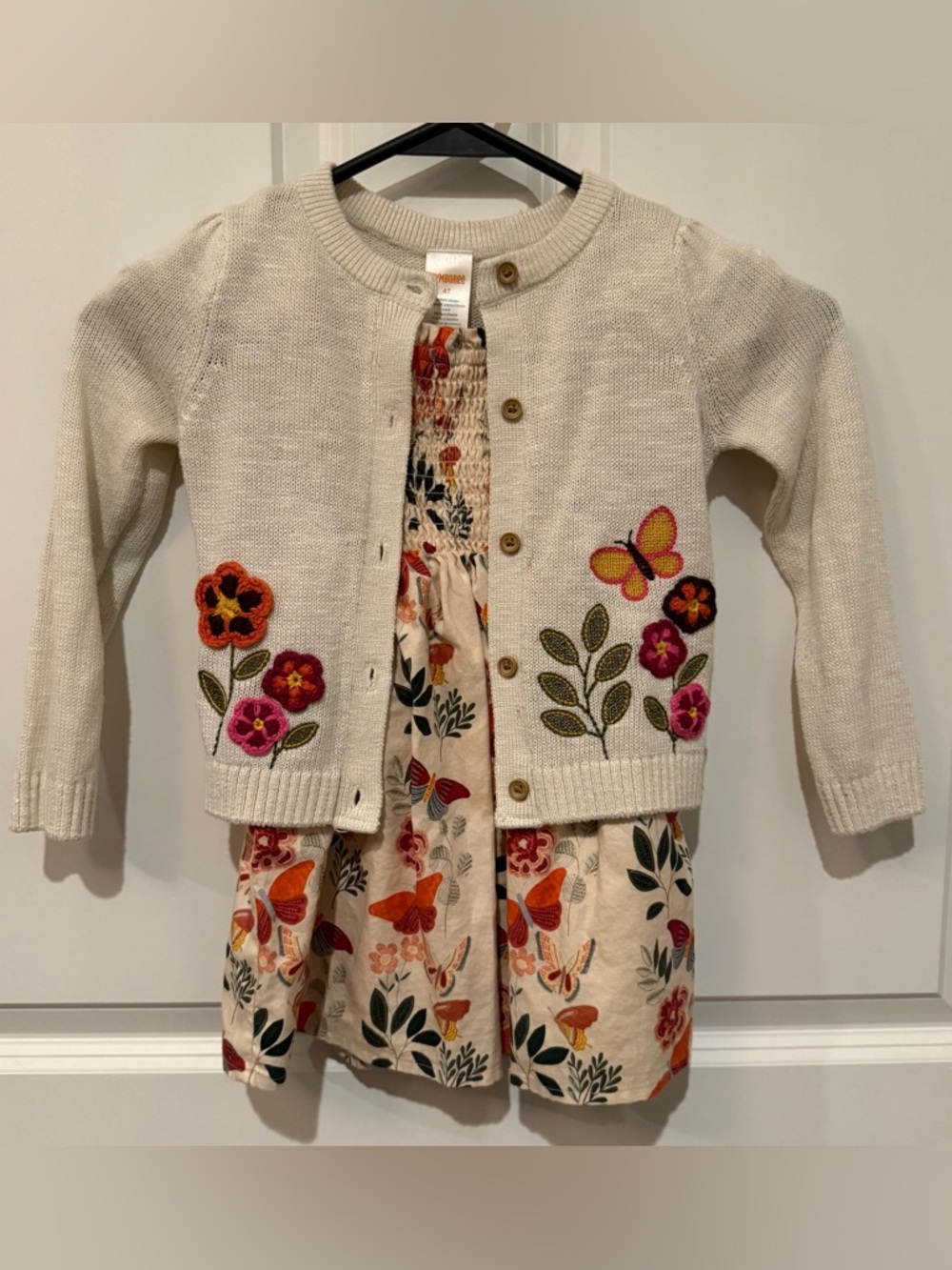 Gymboree Cream Cardigan with Floral & Butterfly Embroidery with Matching Dress